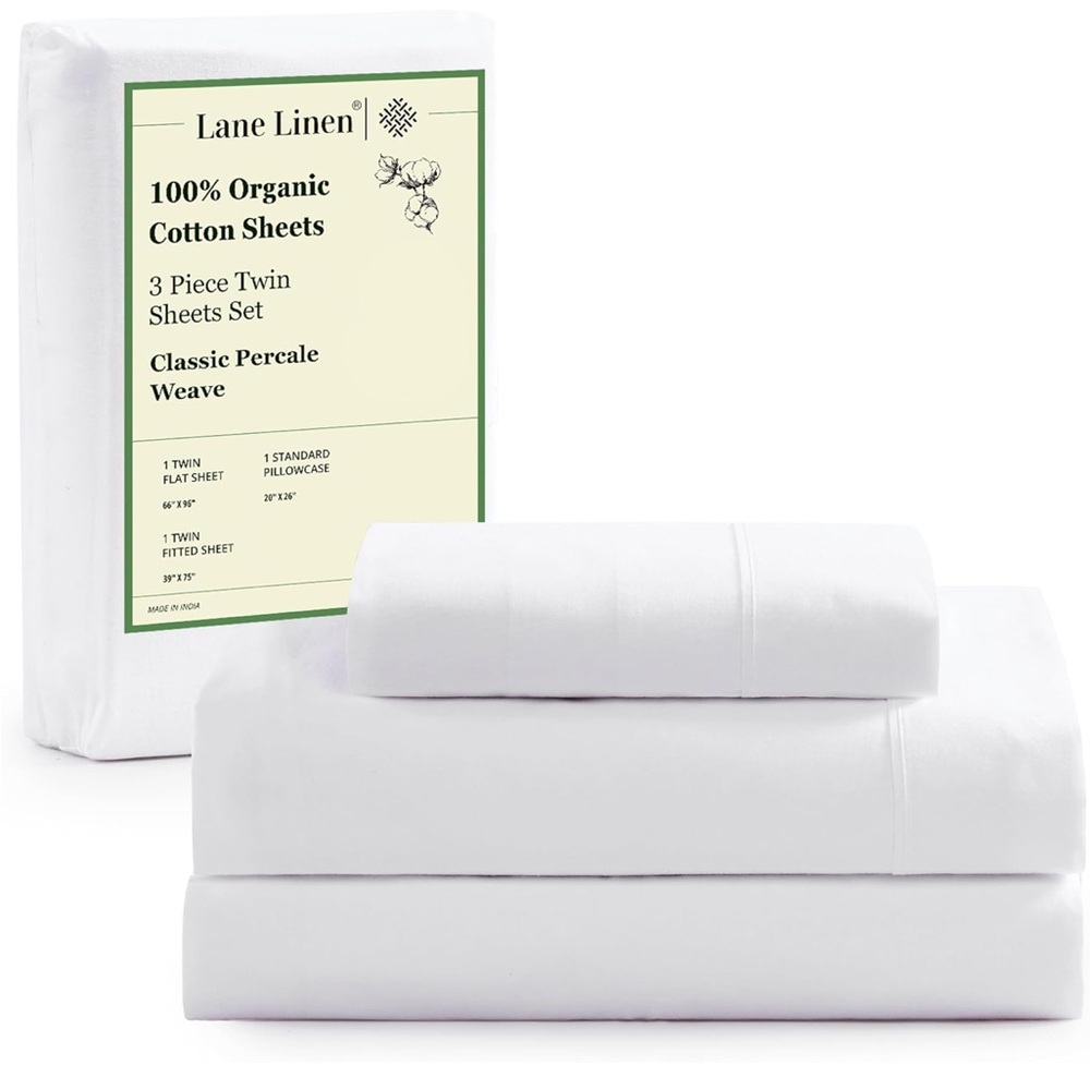 NEW Lane Linen White 100% Organic Cotton Percale Weave Twin Sheet Set Luxury
